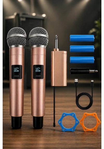 Jrl Wn-11 Profesyonel Çiftli Kablosuz El Mikrofonu Seti - Uhf Bandı Şarj Edilebilir Alıcılı - Rose G