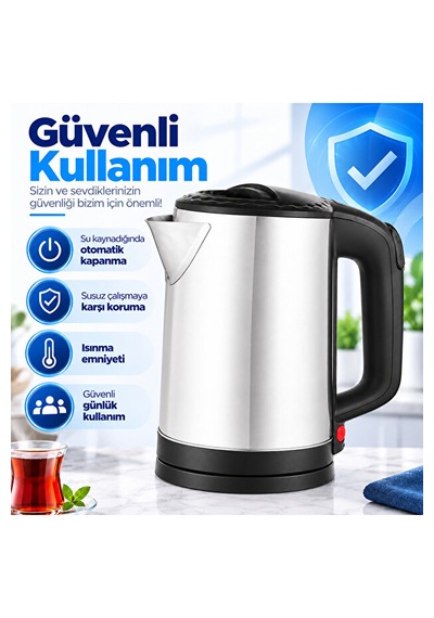 1.8 L Paslanmaz Çelik Elektrikli Su Isıtıcı Kettle 360 Döner Tabanlı Otomatik Kapanmalı Susuz Çalışma Korumalı