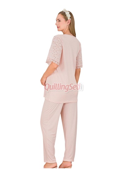 Lady Bebe Pembe Renkli Dantel Detaylı 33207 Kısa Kol 2 Parça Lohusa Hamile Pijama Takımı Açık Pembe