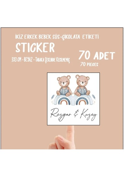 İkiz Erkek Bebek Çikolata Ve Süs Etiketi 70 Adet Yapışkanlı