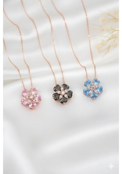 925 Ayar Papatya Silver Doğum Taşlı Unutma Beni Çiçeği Kolye.rose.gold.rodaj Gümüş