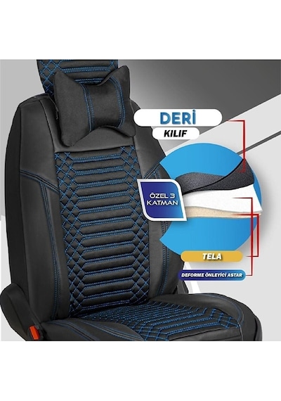 Ford Ranger Uyumlu Lüks Deri Oto Koltuk Kılıfı Ön Arka Takım Siyah Mavi Exc