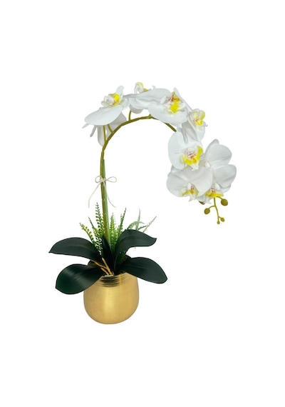 Yapay Çiçek Beyaz Islak Orkide Gold Metal Saksıda Seramik Saksıda Orkide 60cm