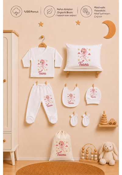Pia Baby Kişiye Özel %100 Pamuk Kız Bebek Hastane Çıkışı Zıbın Seti 8 Parça Kese Hediyeli 1106zybk3x Krem