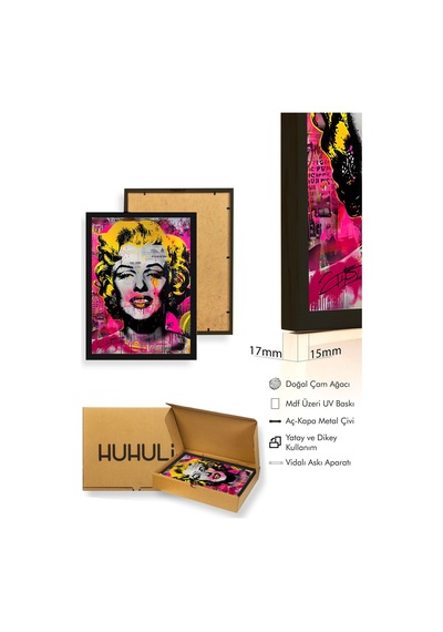 Doğal Ahşap Çerçeveli Sarı-pembe Grafik Desenli Tablo - Pop Art Huhu1923