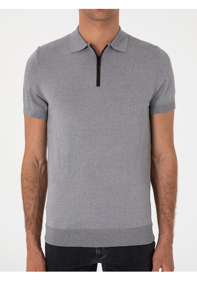 Gri Slim Fit Fermuarlı Polo Yaka Triko T-shirt
