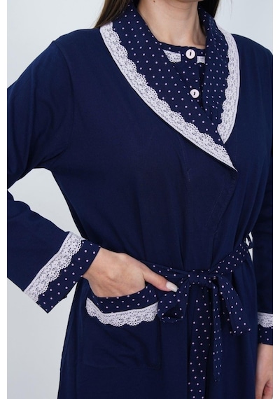Mecit Pijama Mecit 6391 Lacivert Kadın Büyük Beden Uzun Sabahlık Pijama Takımı