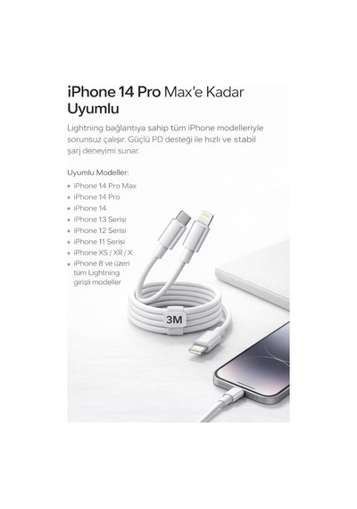 Desıgn Apple iPhone Uyumlu Usb-c To Lightning Şarj Ve Data Kablosu, Beyaz 3m Diğer