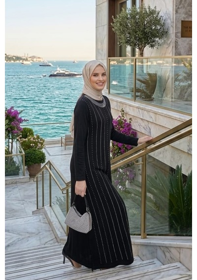 Hb Harma Time Butik Kadın Taş İşlemeli Kristal Kumaş Uzun Tesettür Siyah Elbise