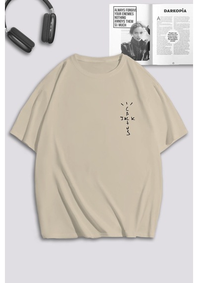 Unisex Kadın Erkek Travis Scott Highest Özel Tasarım Baskılı Oversize T-shirt Bej Mck0150 Bej