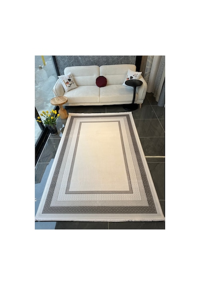 Merinos Vista Beyaz Renk Gri Çerçeveli %100 Akrilik Yumuşak Dokulu Salon Oturma Odası Halısı 76588-95