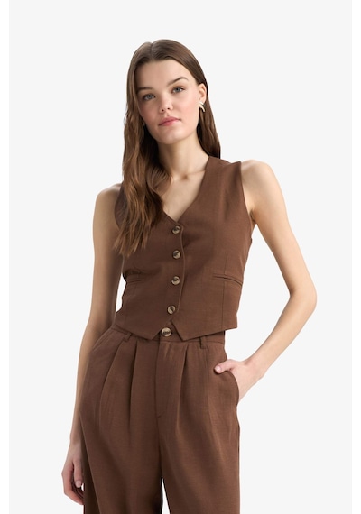 DeFacto V Yaka Keten Karışımlı Blazer Yelek E6209AX25SPBN254 Kahve
