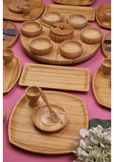 Atbyhome Natural Collection 6 Kişilik 50 Parça Seramik Ve Bambu Kahvaltı Takımı Lüks Kahvaltılık Sunum Seti Bambu