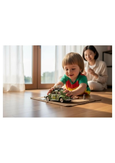 Klasik Işıklı Sesli Metal Araba Yeşil Valizli Retro Beetle - 15 Cm
