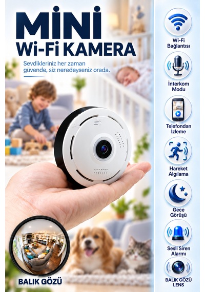 Wifi Balık Gözü Lensli Panoramik Gece Görüşlü Sesli Konuşma Özellikli Sesli Alarmlı Güvenlik Kamerası