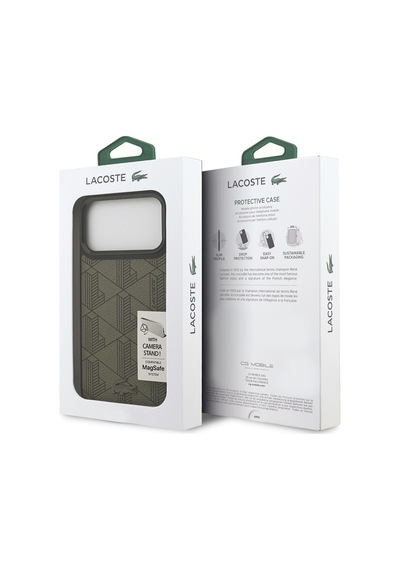 Apple Uyumlu iPhone 17 Pro Max Kılıf Lacoste Lisanslı M-safe Şarjlı Standlı Pu Deri Monogram Desenli Yeşil