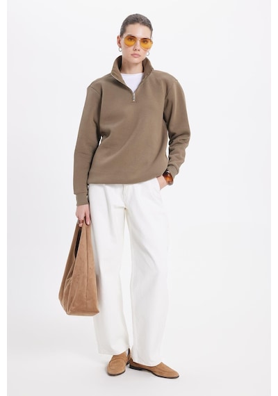 Tudors Kadın Relax Fit Rahat Kesim Pamuklu İçi Polarlı Yarım Fermuarlı Haki Dik Yaka Sweatshirt-42073 Haki
