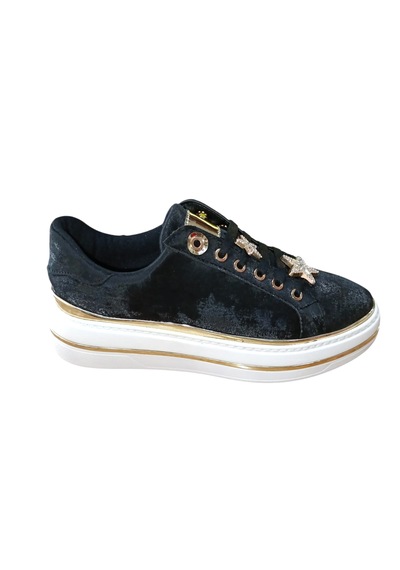 Ses 2714 Kadın Saten Taş Emojili Günlük Sneaker Ayakkabı Siyah