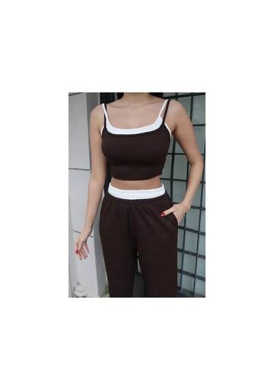 Kechi Woman Modal Kumaş Askılı İkili Takım, Crop Top Ve Pantolon Seti, Beyaz Şeritli Detaylı Kahve Kechi Woman Modal Kumaş Askılı İkili Takım, Crop Top Ve Pantolon Seti, Beyaz Şeritli Detaylı Kahve