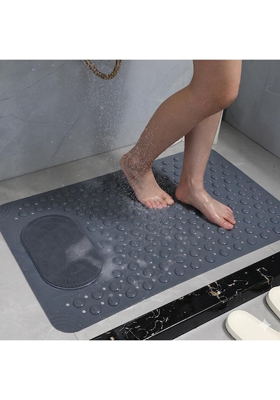 Antrasit Gri Kaymaz Banyo Paspası - 35x69 Cm Vantuzlu Duş Matı, Ayak Masajlı Ve Temizleme Dokul Antasit Gri