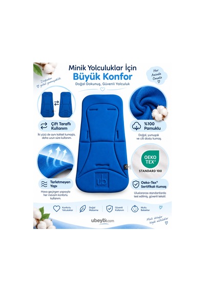 Universal Çift Taraflı Bebek Arabası Ve Oto Koltuğu Minderi - İki Yüzü %100 Pamuklu Terletmez Konfor Şiltesi - Mavi