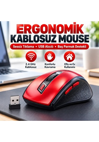 Ers Kırmızı Renkli Baş Parmak Destekli Ergonomik Sessiz Kablosuz Mouse Usb Alıcılı, Ofis Ve Oyun İçin Konforlu Bilgisayar Faresi Ms6300