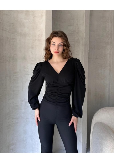 Markahit Defile V Yaka Drape Detaylı Crep Bluz Siyah