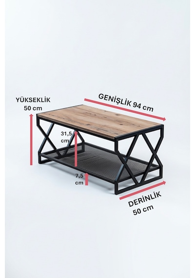 Dekoratif Metal Orta Sehpa Ahşap Tablalı Metal Raflı Dikdörtgen Orta Sehpa Siyah