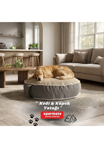 Xpermate Fermuarlı Kedi ve Köpek Minderi Yuvarlak Kedi Minderi Yıkanabilir Kedi Köpek Yatağı Bej - Gri