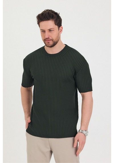 Tarz Cool Erkek Bisiklet Yaka Fitilli Kısa Kollu Ince Triko T-shirt Haki