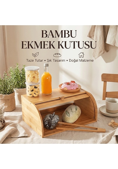 Bambu Ekmek Saklama Kutusu, Rulo Ekmek Kutusu, Ekmek Saklama Kabı, Ekmek Dolabı Kahverengi