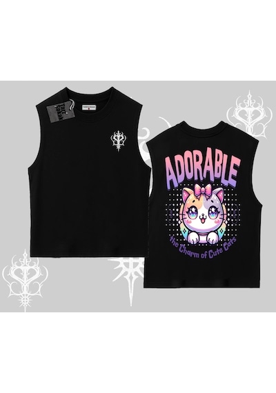 Tarzsokak Adorable Kawaii Kedi Arka Baskılı Kolsuz Tshirt Siyah