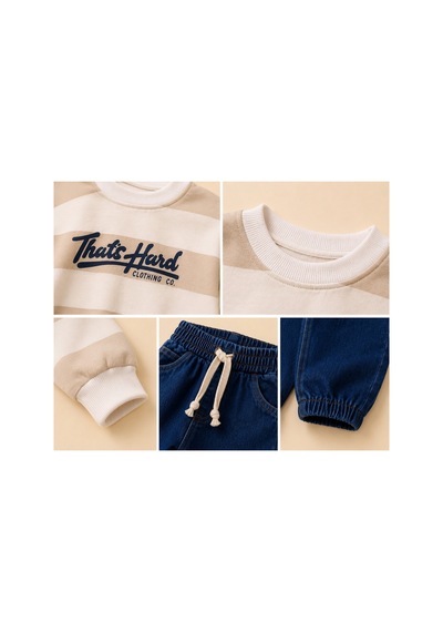 Minaminokids Erkek Çocuk Çizgili Sweatshirt Ve Kot Pantolon İkili Takım Krem