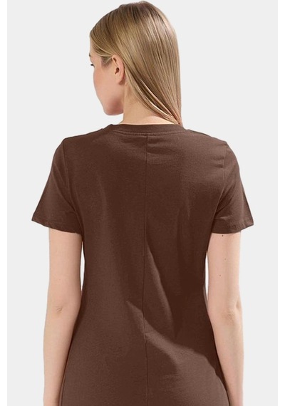 Ersefa Nefes Alan Pamuklu T Shirt Elbise Midi Boy Cep Detaylı Modern Sti Kahverengi