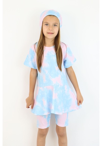 Lyraxkids Kız Çocuk Bisiklet Yaka Etekli Mayo Ve Tayt Bone Dahildir. Pembe - Mavi
