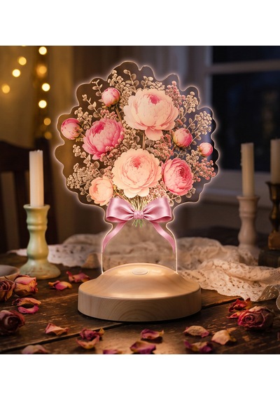 Pembe Şakayık Çiçek Buketi Led Lamba, Anneye, Sevgiliye Ve Kadına Zarif Hediye, Şık Peony Şakayık Aranjmanı Pembe Şakayık Lamba