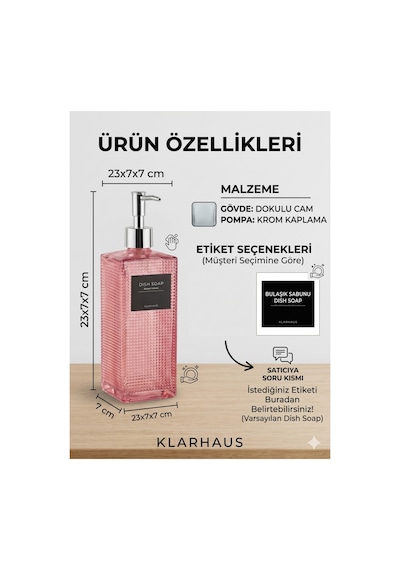 Premium Dokulu Cam Sıvı Sabunluk 500ml - 23 X 7 X 7 Cm Pembe