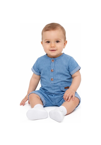 Bebegen Erkek Bebek Mavi Düğmeli Cepli Şort Tulum Çok Renkli
