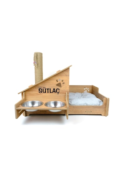 Ahşap Kedi Evi - Mama Kabı - Özel Isim Baskılı - Tırmalama Çubuklu -meşe Mdf - Çelik Kase - 2 400ml