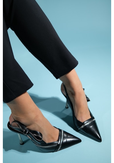 Luvishoes Glen Siyah Cilt Fermuar Detaylı Kadın Yüksek Topuklu Ayakkabı Sıyah Cılt