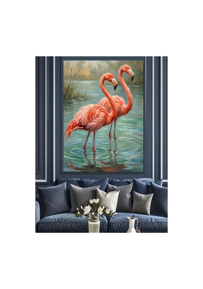 Su İçinde Duran Pembe Flaminpolar Yağlı Boya Dokulu Kanvas Tablo Canvas Tablosu