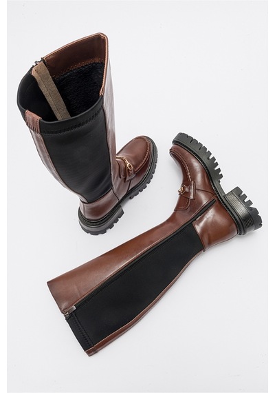 Luvishoes Chapel Taba Cilt Tokalı Streç Detaylı Kadın Çizme Taba