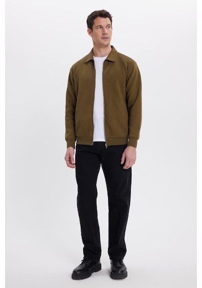 Tudors Unisex Relax Fit Rahat Kesim Pamuklu İçi Polarlı Fermuarlı Yeşil Polo Yaka Flato Cepli Sweatshirt Hırka-41976 Yeşil
