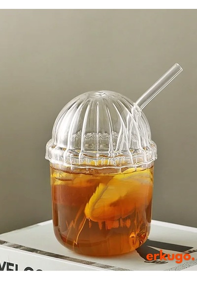 Cam Kapaklı Pipetli Borosilikat Sunum Bardağı, Isıya Dayanıklı Bardak, Kahve Bardağı 450 Ml Mocha