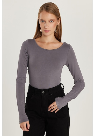 Tudors Kadın Slim Fit Dar Kesim Uzun Kollu Viskon Gri Bluz-35204 Gri