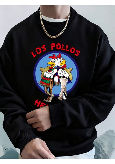 Startmore Startmorelos Pollos Hermanos Baskılı Erkek Kazak Kış Gevşek Kapüşonlular Spor Bisiklet Yaka Polar Sıca Siyah