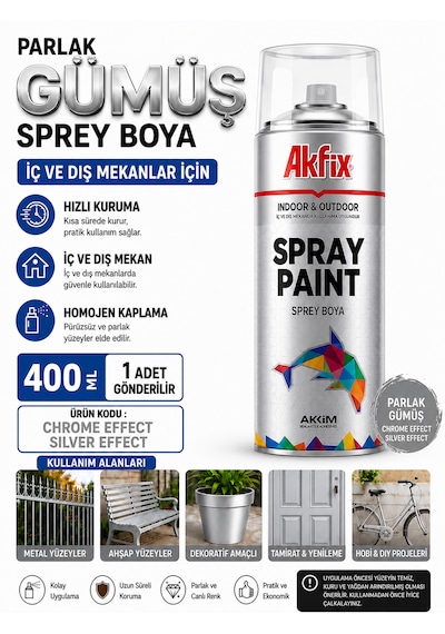 Akfix Sprey Boya Renk Seçiniz 400 Ml İç Ve Dış Cephede Kullanılabilir Mükemmel Kapatıcılık Gümüş Renk