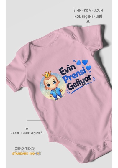 Morivokids Evin Prensi Geliyor Kısa Kollu Bebek Body %100 Pamuk Koyu Pembe