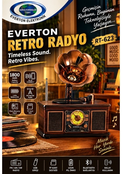 Everton Rt-623 Nostaljik Radyo - Büyük Boy - Gramafon Aksesuarlı - Bluetooth - Usb -aux - Fm Radyo -tf/sd Kart Girişli