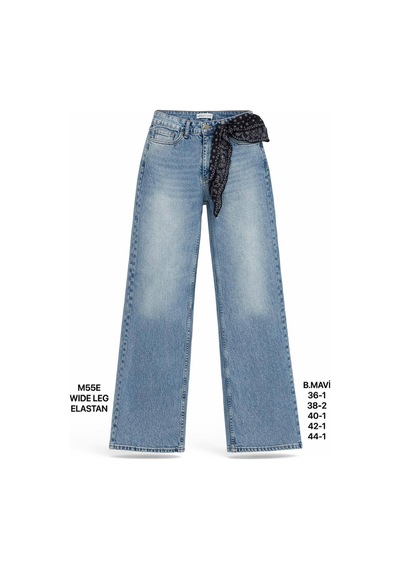 Miss Poem Kadın Buz Mavi Fularlı Yüksek Bel Wide Leg Jean Pantolon